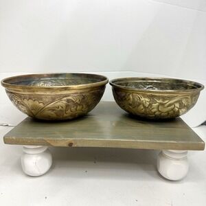 Set 2 Creative Co-Op Round Floral Textured Aluminum Nesting Bowls Antiqued Gold